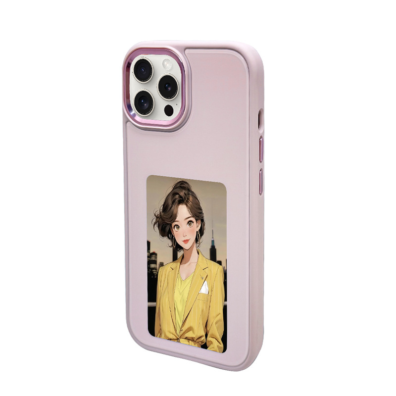 Pink NFC E-ink phone case displaying an illustrated woman in yellow, product shot