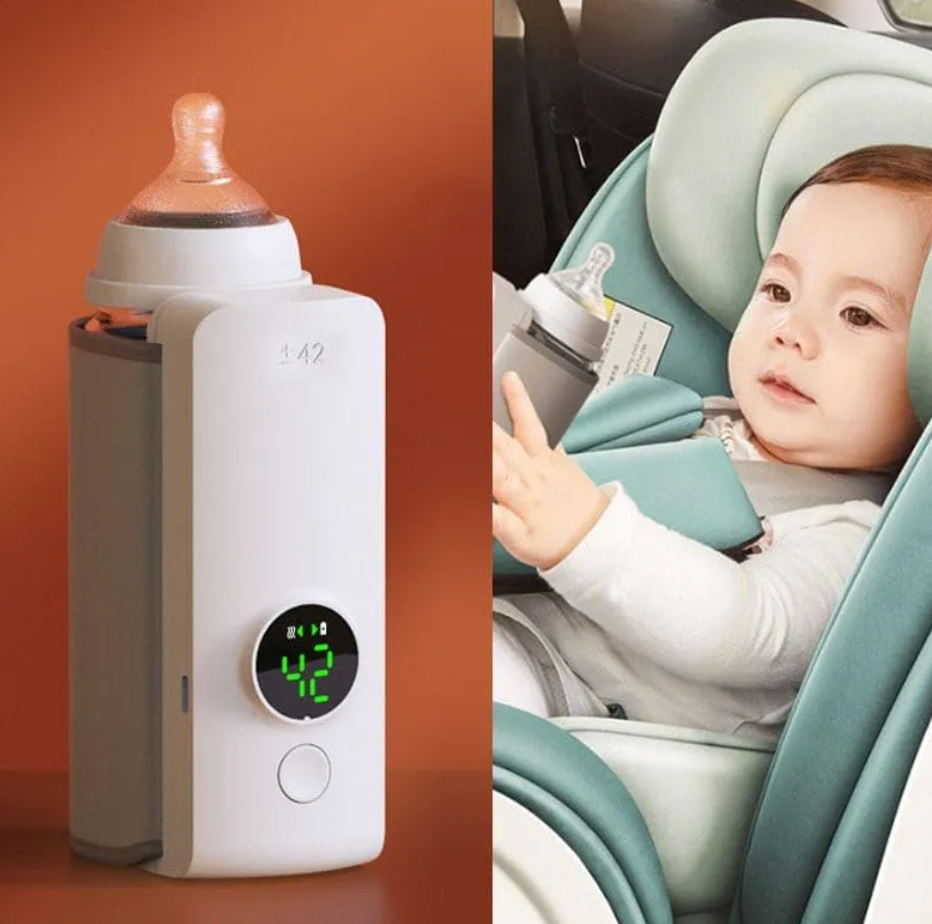 Bottle in a wireless baby bottle warmer beside a baby in a car seat