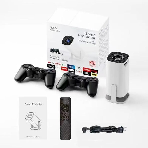 Mini game projector kit with two controllers, remote, cable and manual