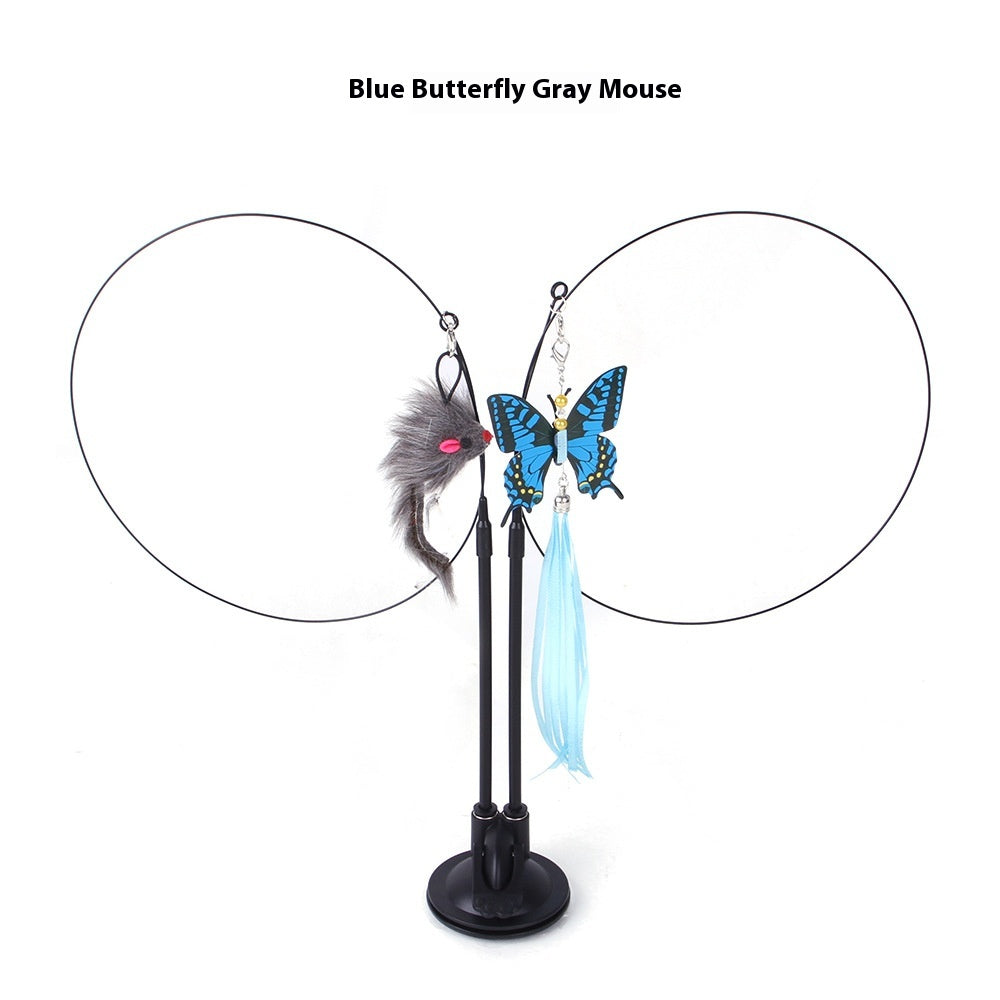 Cat teaser toy with blue butterfly and gray mouse lures