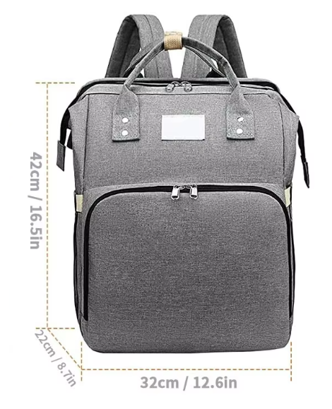 Gray mommy backpack with height and width measurements