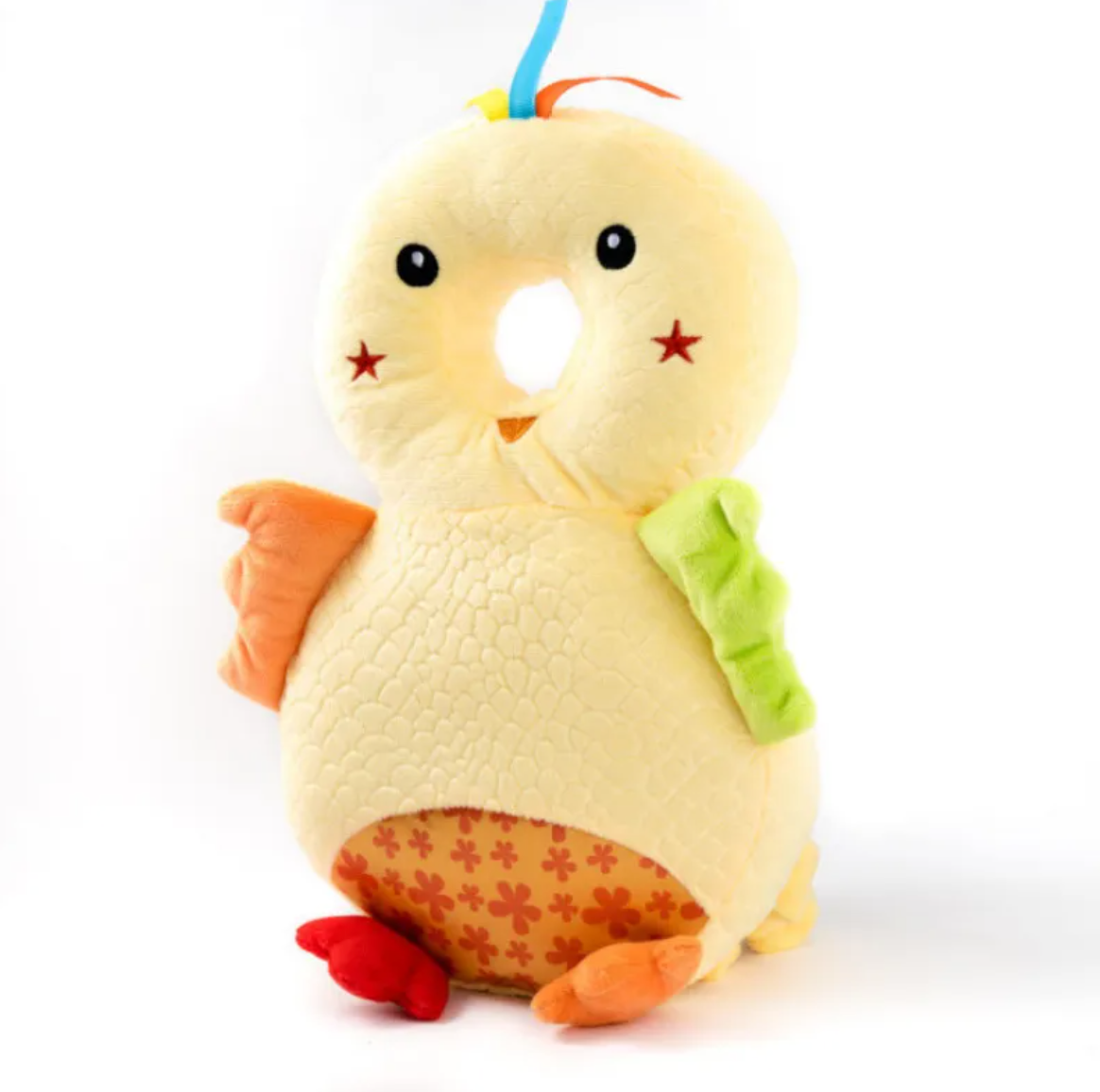 Yellow chick toddler head protection pad backpack, rear view, front view
