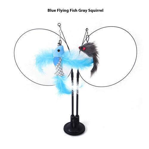 Suction cup cat teaser with feather fish and gray squirrel lures