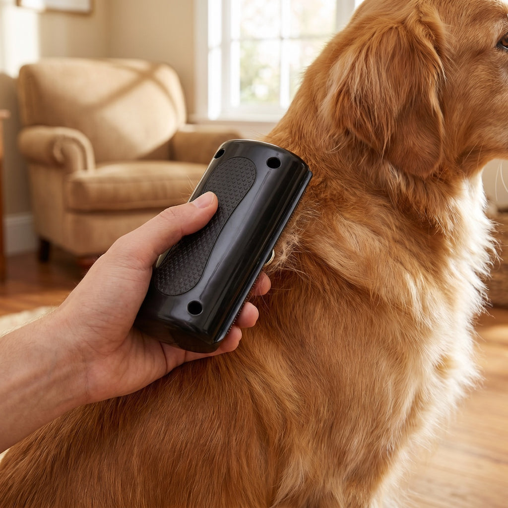 Hand grooming a golden dog with a black pet grooming comb