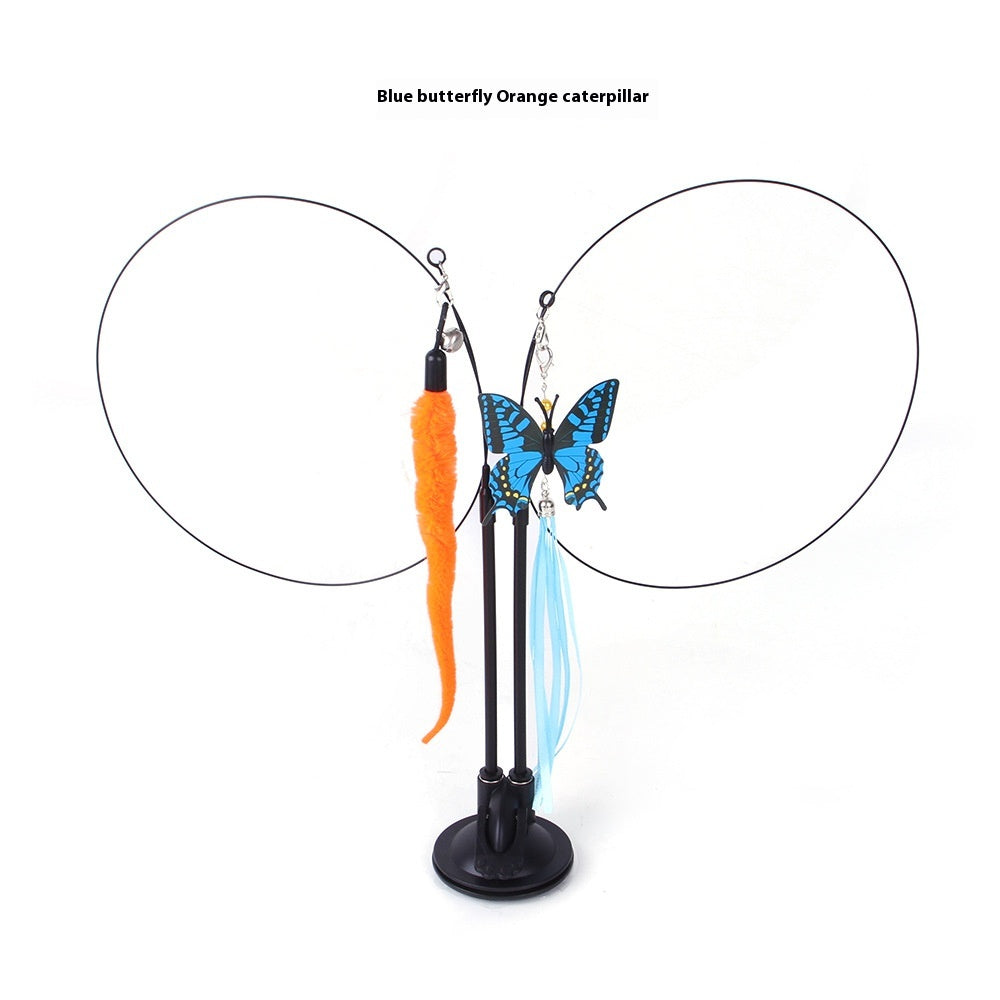 Cat teaser toy with blue butterfly and orange caterpillar lures, front view