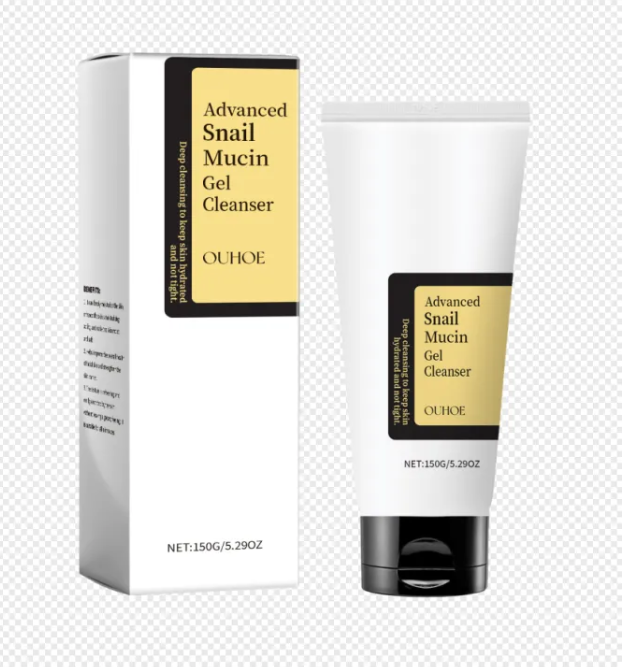 Snail mucin gel cleanser tube next to its box, front view