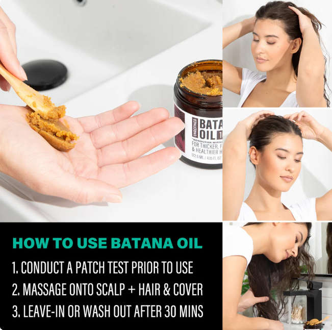 How to use batana oil hair mask: scoop, massage into scalp, rinse