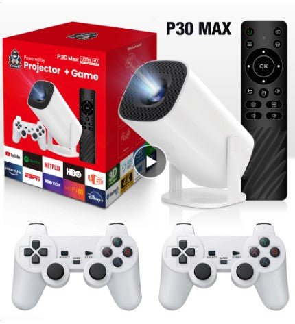 White portable game projector with box, remote and two white controllers, product shot