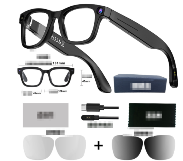 AI camera smart glasses kit with case, cable and clip-on lenses