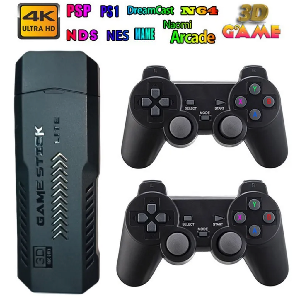 Game stick dongle beside two wireless controllers with retro system logos