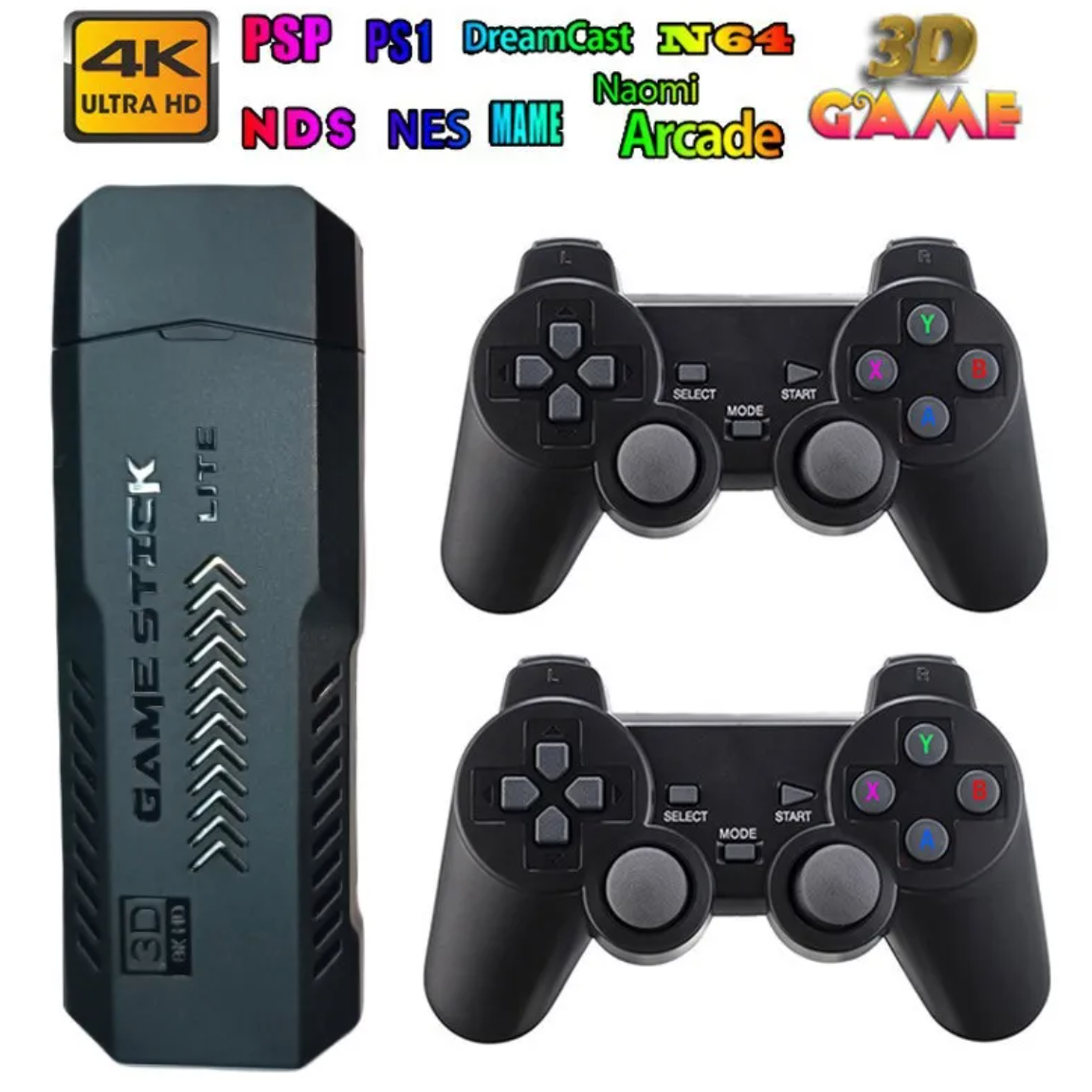 Game stick dongle beside two wireless controllers with retro system logos