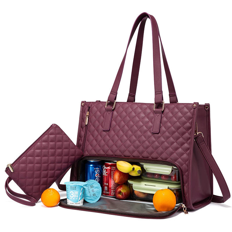 Plum quilted insulated lunch tote with matching pouch and food inside