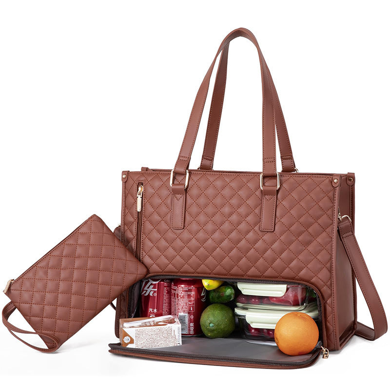 Brown quilted insulated lunch tote with matching pouch and food inside