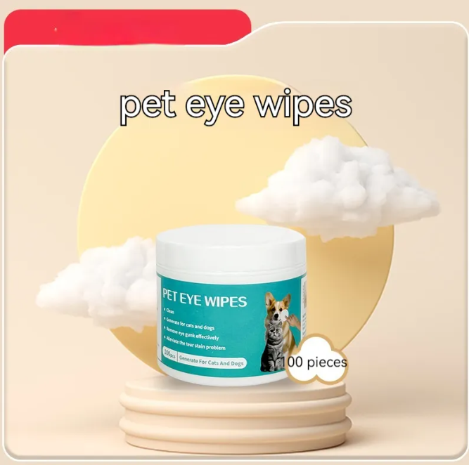 Tub of pet eye wipes on a display stand