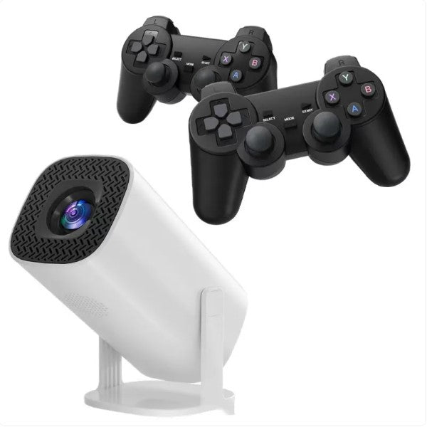 White mini projector with two black wireless game controllers