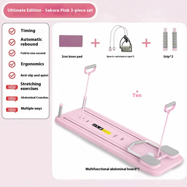 Pink abdominal fitness board set with knee pad, bands and grips, front view