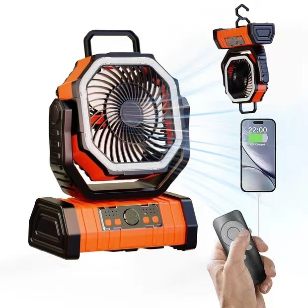 Orange camping fan with LED light, hanging lantern, remote and phone charging shown upright