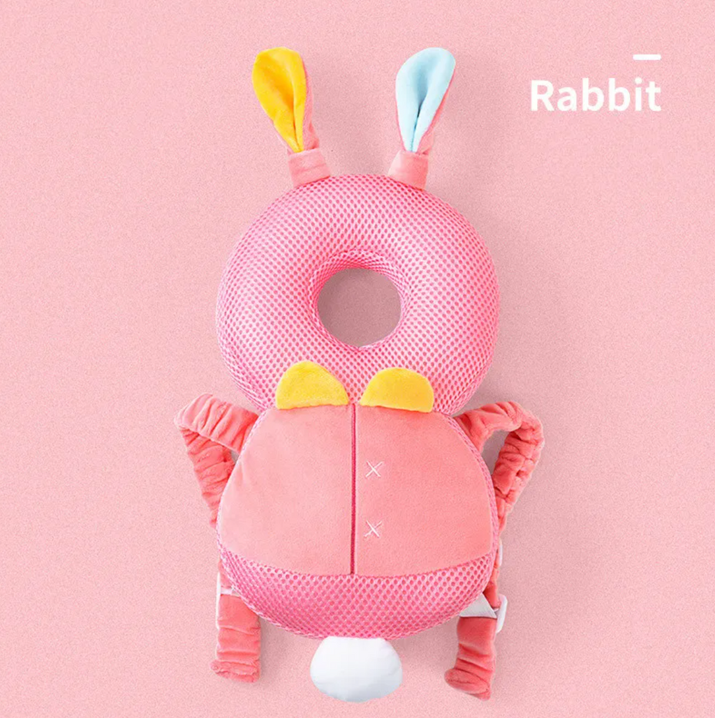 Pink rabbit toddler head protection pad backpack, rear view