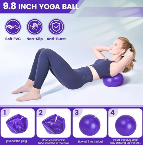 Woman doing crunches on a mini yoga ball, with inflation steps