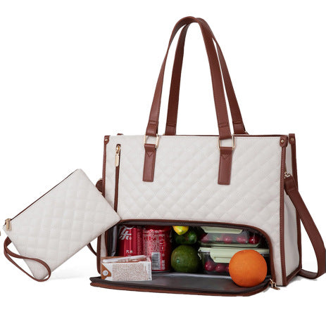 White with brown straps quilted insulated lunch tote with matching pouch and food inside shown upright