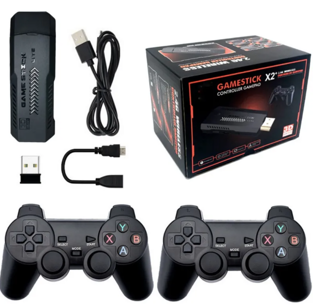 Game stick console with two wireless controllers, cables and receiver