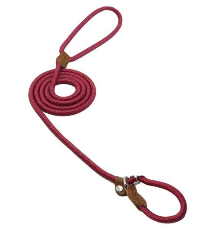 Maroon braided nylon slip lead dog leash with leather stopper