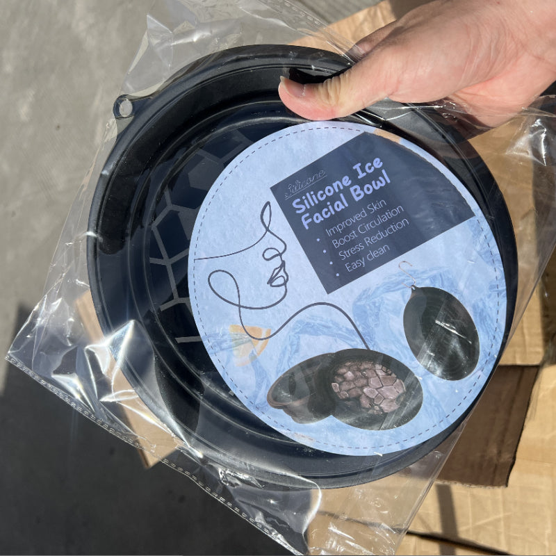 Black collapsible silicone ice face bowl in its packaging