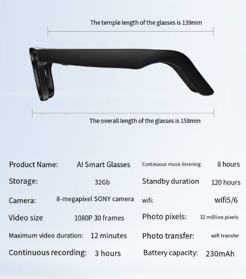 AI camera smart glasses with camera, storage and battery specs