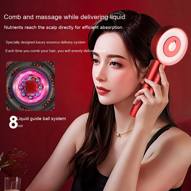 Woman using a red scalp massager comb that delivers hair oil