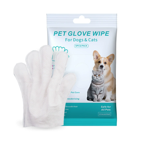 Pet cleaning glove wipe pack for dogs and cats with a glove, front view