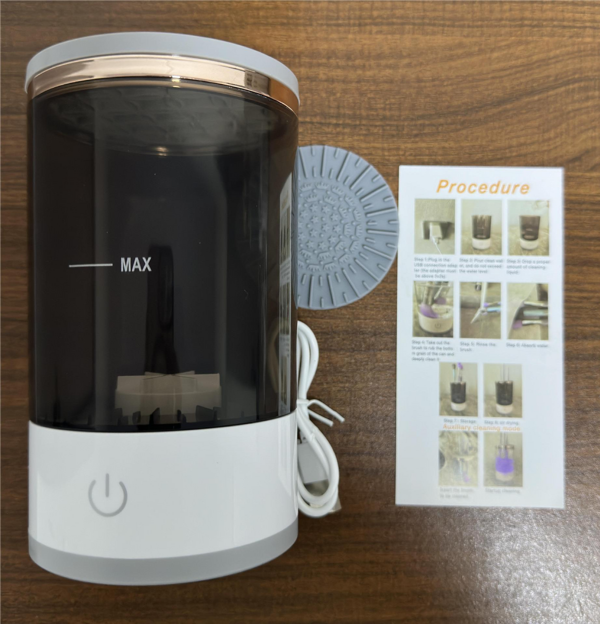 Makeup brush cleaner bowl with charging cable and procedure card