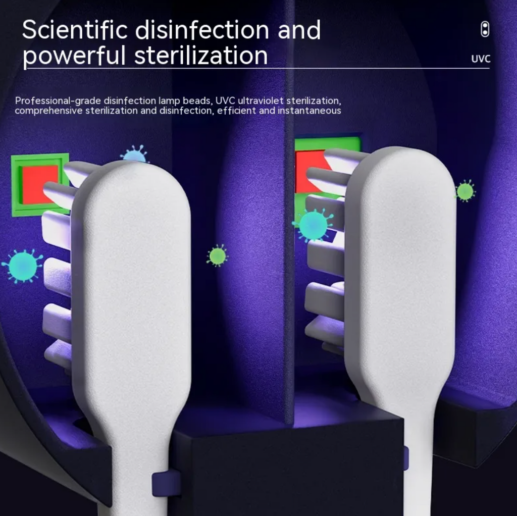 Toothbrush heads under UV light inside the sanitizer