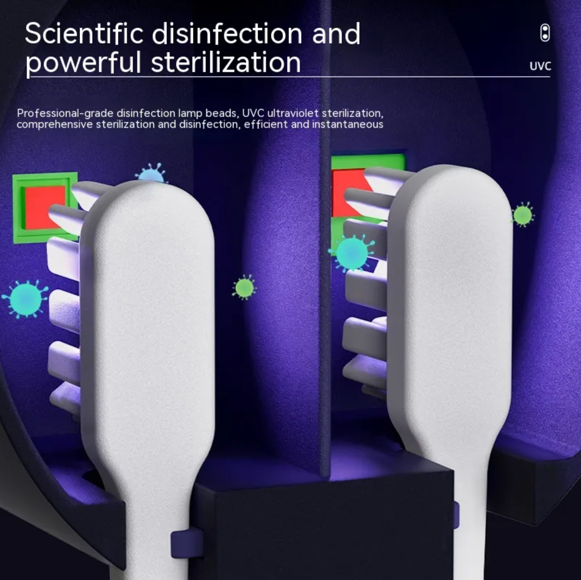 Toothbrush heads under UV light inside the sanitizer