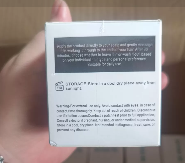 Back of the batana oil hair mask box with storage and warnings