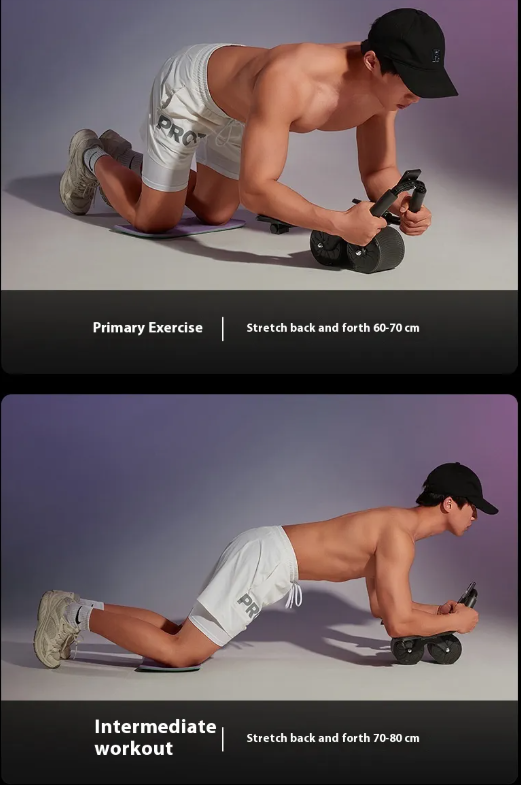 Man doing beginner and intermediate ab rollouts with the abdominal wheel
