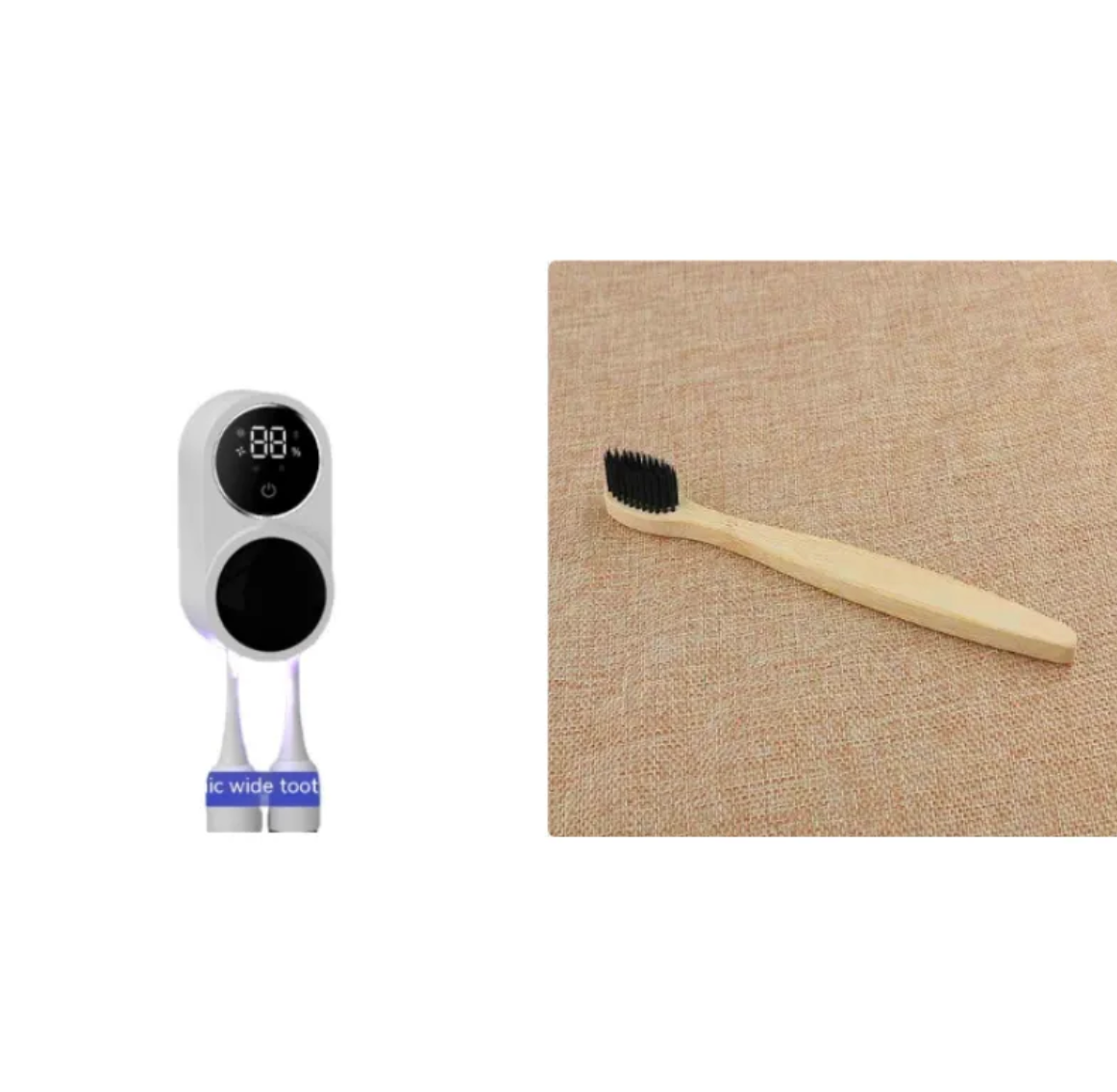 UV toothbrush sanitizer next to a bamboo toothbrush for size