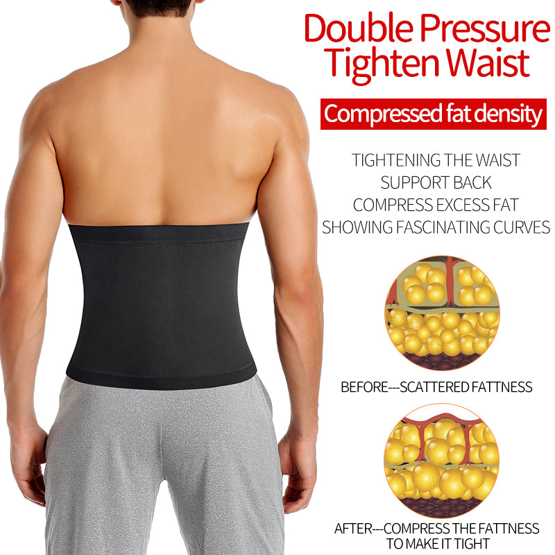 Back view of a man in a sauna waist trainer, with fat compression graphic
