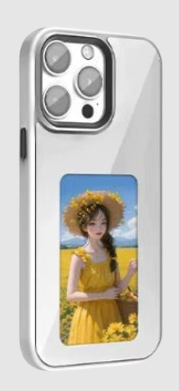 Silver NFC E-ink phone case showing a girl in a sun hat