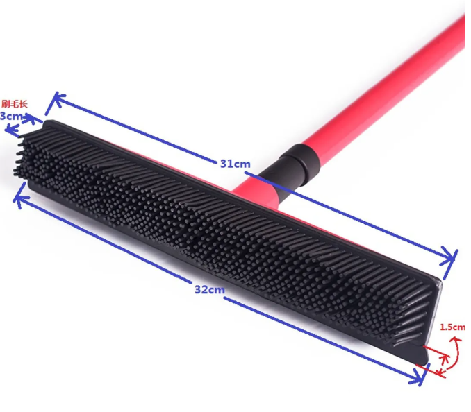 Rubber pet hair broom head with width and bristle measurements
