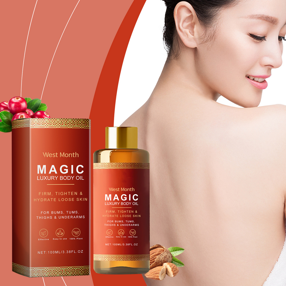 Woman's bare shoulder beside a soothing body oil bottle and box
