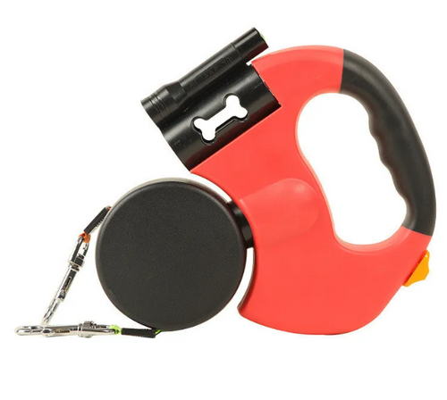 Red and black auto double dog leash with bag dispenser