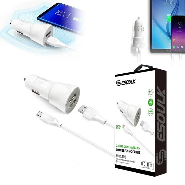 Esoulk 12W 2.4A Dual USB Travel Car Charger With 5FT Type-C Charging Cable