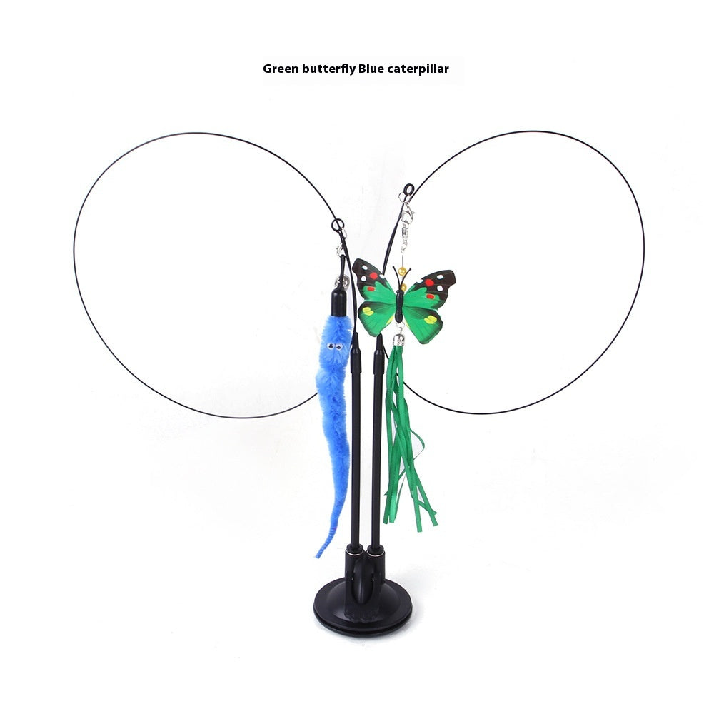 Cat teaser toy with green butterfly and blue caterpillar lures