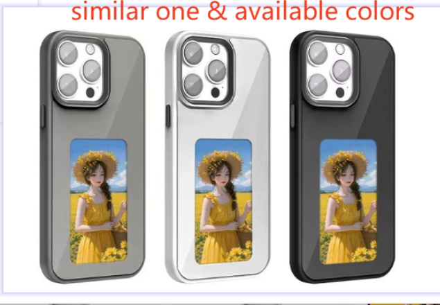NFC E-ink phone cases in gray, silver and black showing the same photo