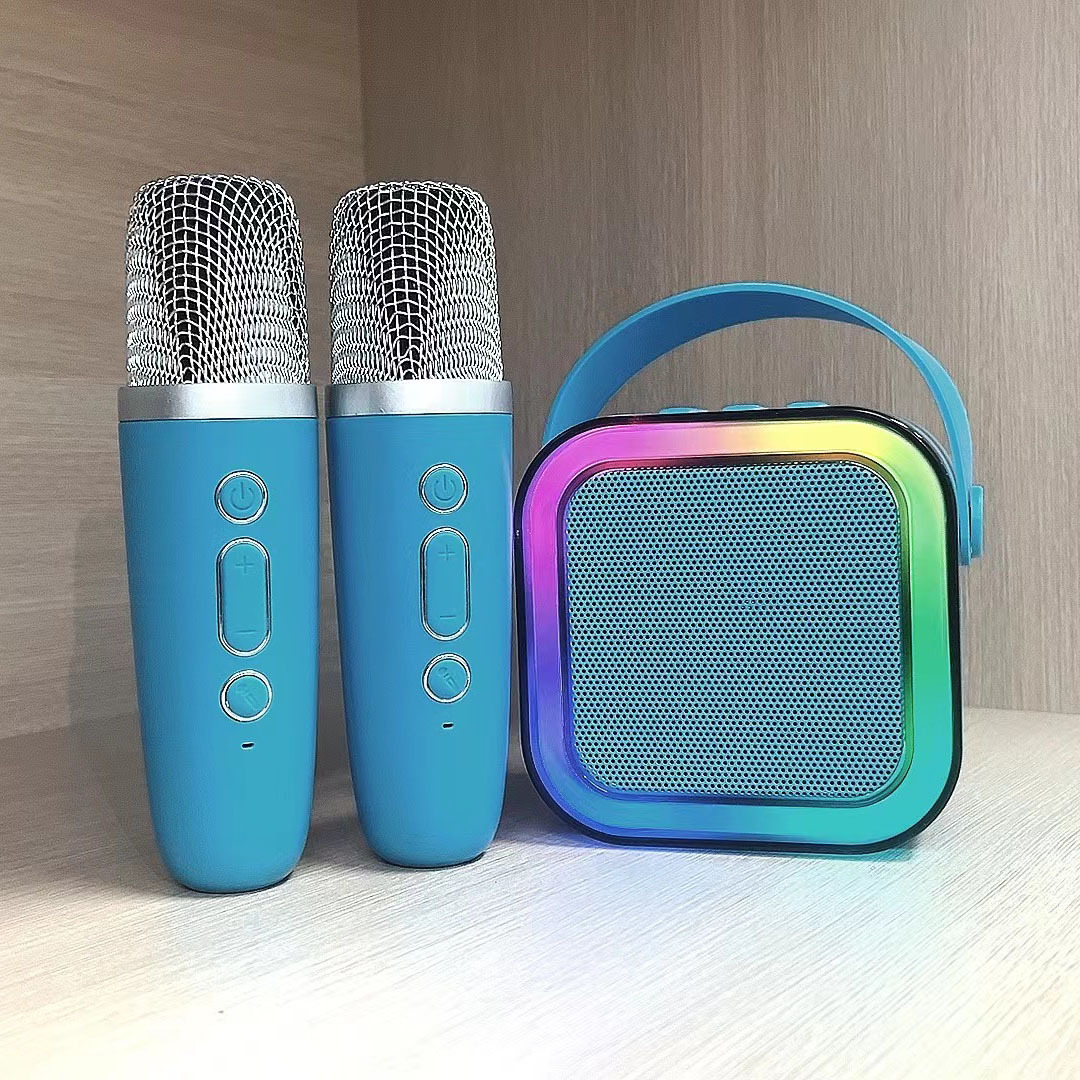 Blue Bluetooth karaoke speaker with glowing RGB ring and two microphones