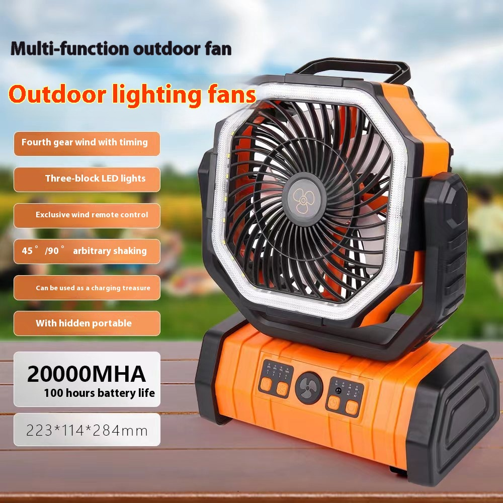 Orange 20000mAh camping fan with LED light, listing its features