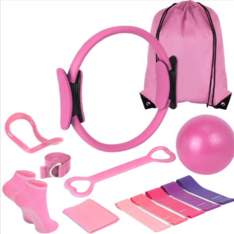 Pink 13-piece yoga and Pilates set: ring, ball, bands, socks and bag, front view