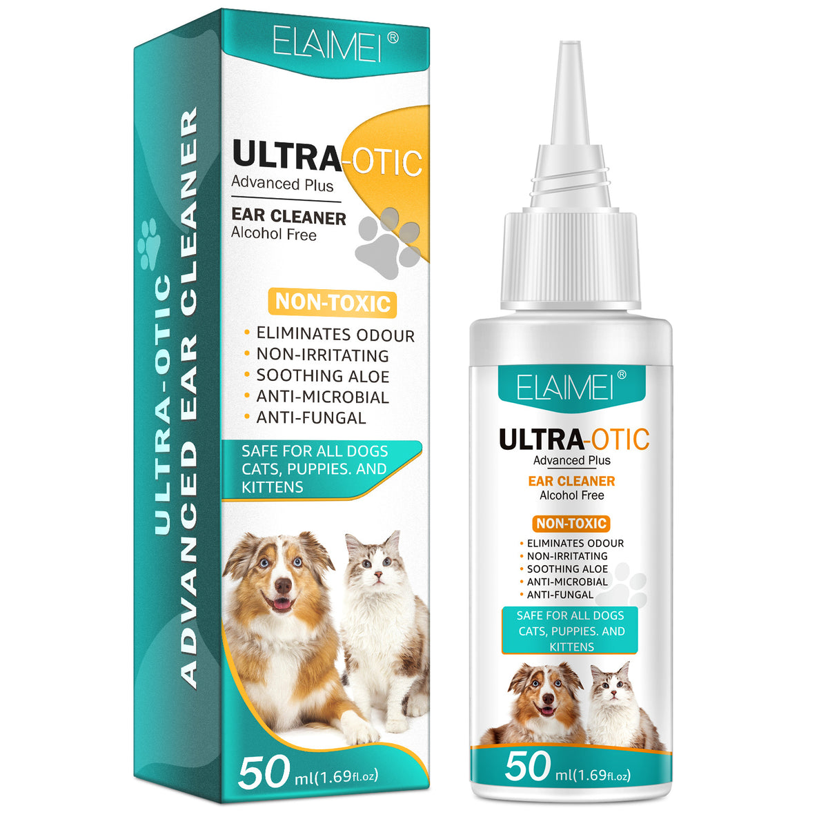 50 ml pet ear cleaner bottle beside its teal box