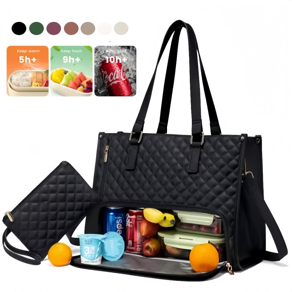 Black insulated lunch tote with color options and cooling time chart
