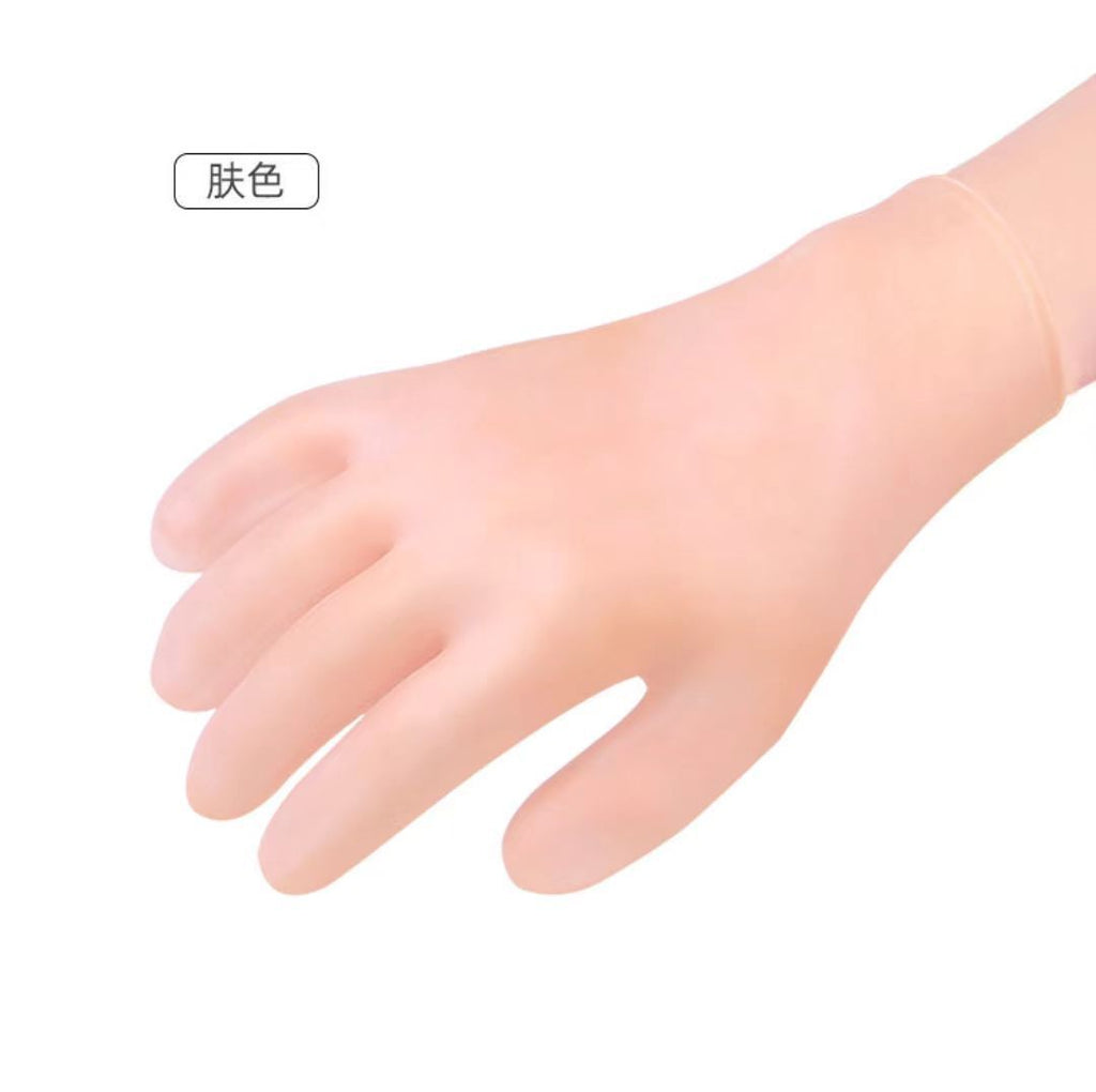 Hand wearing a nude silicone moisturizing glove
